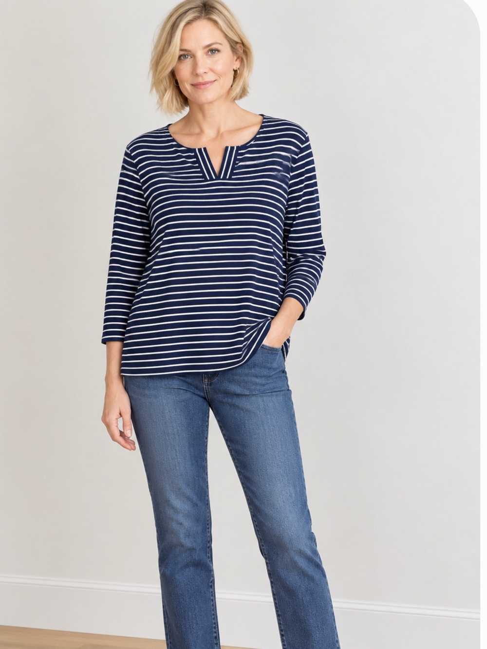 Talbots Navy & White Striped Long Sleeve Tee with V-Notch
